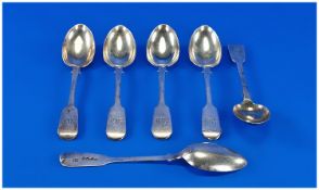 Scottish 19th Century Silver Set Of Six Teaspoons. Hallmark Edinburgh 1850. Makers mark JW. 4 ozs,