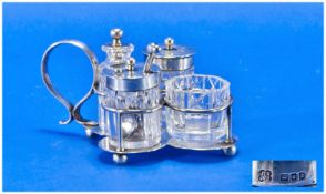 Victorian Silver And Cut Glass 4 Piece Cruet Set with silver stand. Hallmark Birmingham 1896. 2.