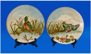 Pair of Late Victorian Cabinet Plates, both depicting bird scenes in swamp land, hand painted.