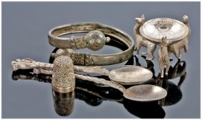 Six Miscellaneous Silver Items, comprising thimble, bangle, 3 spoons, coin and salt. Approximately