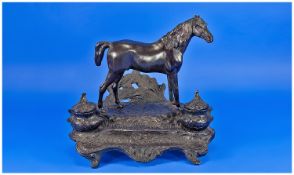 A Bronzed Figural Horse Topped Inkstand, Period 1900. Double Inkwell. Height 9 Inches, Width 9.5
