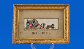 Antique Polychrome Stevengraph Of `The Good Old Days`, the jacquard weave scene mounted in gilt