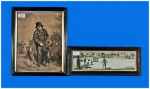 Two Antique Black and White Prints, one depicting a drummer boy with dogs, 12 by 14 inches,the