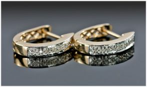 Pair Of Modern 9ct Gold Hoop Earrings, Set With Small Diamonds. Fully Hallmarked