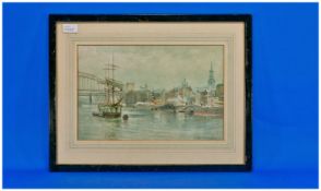 A Watercolour Of A Ship At Morning, with an iron bridge in the background and secondary one beyond,