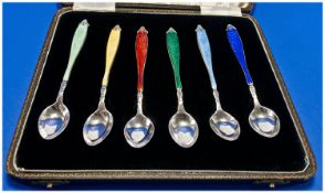 Fattorini & Sons Boxed Set Of Very Fine Silver And Enamel Teaspoons. Multi colours. Hallmark