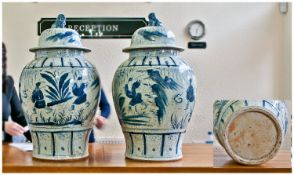 Pair of Large Blue and White Baluster Shaped Lidded Temple Jars, painted in underglaze blue,