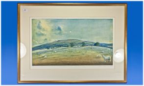 Large Pencil Signed Print Of Sheep In Moorland Setting At Dusk, Penhill, Wensleydale - September