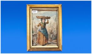 Early Victorian Watercolour of a Woman Vendor selling `The Day`s Catch` on the Quayside. A label on