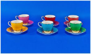Set of Six Aynsley Coloured Cups and Saucers, all differently coloured, in red, coral, yellow,