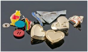 Three Variety Club Heart Brooches, gold plated with 4 other enamel badges.