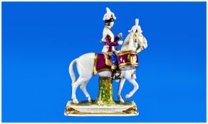 Dresden Sheibe-Alsbach Porcelain Figure of Drummer of Imperial Guard on horseback. 11.5 inches