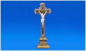 French Gilded Wood & Metal Crucifix. The Christ figure bisque. Encrusted with paste stones. 19`` in
