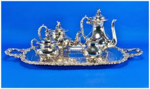 Large Silver Plated Tray with Four Piece Tea Set, the tray has a cast edge with flowers and shell