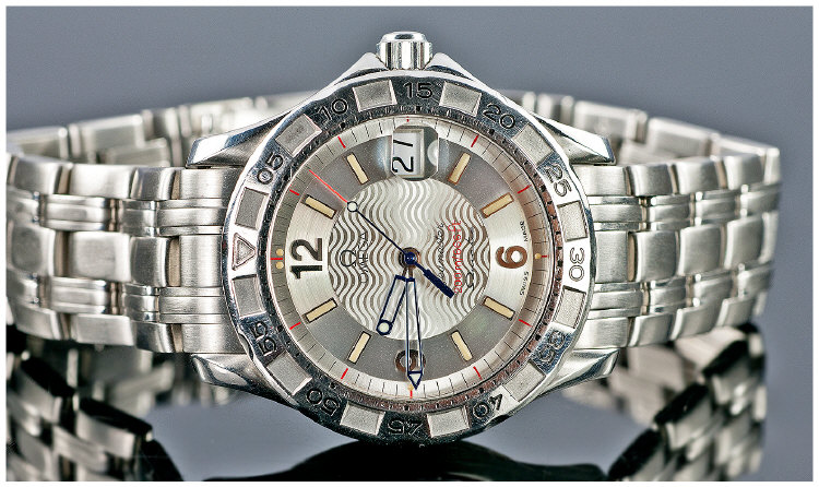 Omega Seamaster Stainless Steel Electronic Wrist Watch. Model number 555042, with original boxes