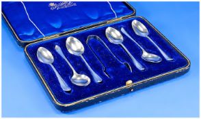 Edwardian Matching Set of Six Silver Teaspoons and Tongs. Boxed. Hallmark Sheffield 1911. Makers