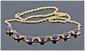 Modern 9ct Gold Amethyst Fringe Necklace, Set With 7 Oval Stones On A Fine Link Chain, Fully