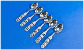 A Set of Six Attractive Danish Silver Coffee Spoons. Each with a Floral Pierced Handle. Marked 830S