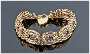 Modern 9ct Gold Gate Bracelet Set With 7 Amethysts, Complete With Padlock And Safety Chain. Fully