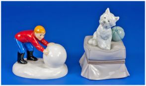 Lladro Figure Little Dog & Ball Sitting On A Pouffee. 4.25`` in height. Plus Royal Doulton `