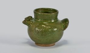 A Very Unusual Crackle Celadon Glazed Jar In The Shape Of A Two Headed Rooster, with wings on the