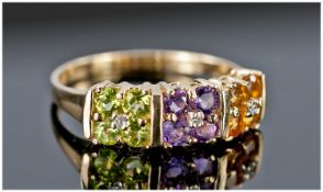 9ct Gold Dress Ring, Set With Three Clusters Of Multi Coloured Stones With Central Diamond, Marked