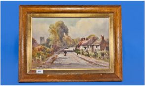 Oil Painting an Artists Board of a Village Street Scene with Figures. Signed H. Hadfield Fardilly.