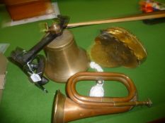 Copper Bugle, Brass Sundial, Mounted Ships Bell &  Brass Fireside Spill holder