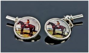 Gents Set Of Silver Cufflinks, Of Circular Form With Chain Links, The Fronts Showing Horse And