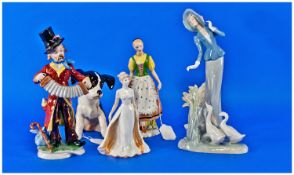 A Collection of 6 Assorted Porcelain Figures comprising clown, made in Germany, Deco style figure,