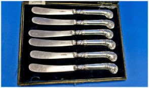 Edwardian Set of Six Silver Handle Butter Knives. Boxed; unmarked but silver.