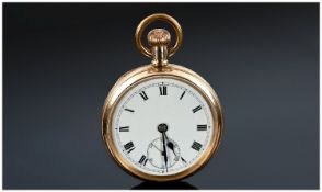 Gold Plated Open Face Pocket Watch, White Enamelled Dial With Roman Numerals And Subsidiary