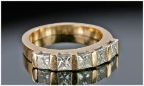 14ct Gold Set 5 Stone Diamond Channel Set Ring each set with princess cut diamonds of good colour &