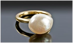 18ct Gold Pearl Ring, Modern Set With A Single Freeform Pearl (15x11mm) On A 18ct Gold Band,