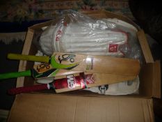 Boxed Lot of Cricket Items including 3 Willow cricket bats, Kahuna, Gunn and Moore and Prodigy,