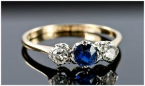 18ct Gold Sapphire & Diamond Ring, Set With A Central Blue Sapphire Set Between Two Round Cut