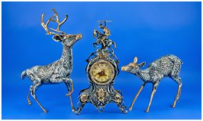 Modern French Style Garniture Clock Set, comprising mantle clock and two stag figures, painted with