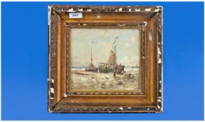 Painting on Board of a Beach Scene with fishing smacks and figures. Unsigned. Size 9x8 inches.