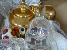 Box of Miscellaneous, including Royal Worcester gilt three piece tea service, three cut glass wine