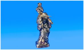 A Cast Modern Bronze of a Japanese Geisha Girl playing a flute, in traditional dress.