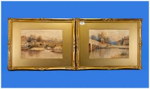 Harold English, 1890-1953. Pair of Watercolours. Dutch scenes, bridges over river with buildings