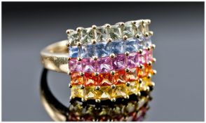 9ct Gold Dress Ring, Set with Five Rows of Multi Coloured Stones, Fully Hallmarked, Ring Size P