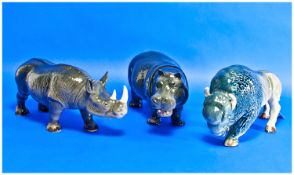 Melba Ware Pottery Wild Animal Figures comprising Hippopotamus, Buffalo and Rhinoceros.