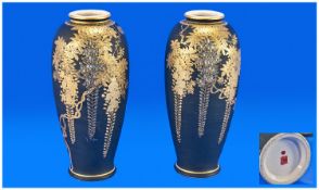 Excellent Pair Of Japanese Famille Noir, Satsuma Vases, superbly hand decorated with cascading
