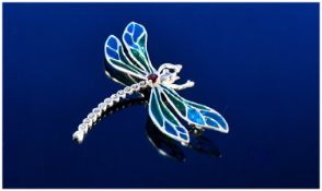 Silver Enamelled Brooch, Realistically Modelled In The Form Of A Dragonfly. Stamped 925