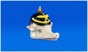 WWI Period Patriotic Carlton Ware Mustard Pot in the form of a pig with a spiked helmet lid. 3.25