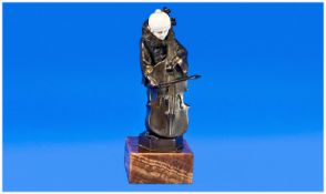 Art Deco Bronze and Ivory Pierrot Double Bass Player, a monogrammed, chryselephantine figure, the