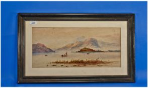 Watercolour Drawing of a Lake Scene with Figures in Boats Fishing. Signed Edwin Earp. Size 20x10