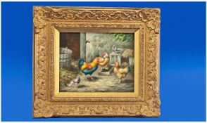 Small Oil on Panel of Roosters in a Farmyard Setting. Signed R. Horton. In a gilt frame. 20th