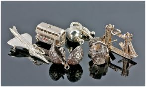 Collection Of Six Silver Charms, Concorde, London Bus, Pixie Toadstool House, Devil In Golf Ball